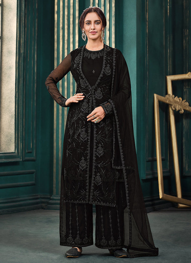 Fashion Basket Women's Straight Georgette Black Salwar Suit Set :  Amazon.in: Fashion