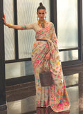 White Multicoloured Kashmiri Handloom Weaved Silk Saree