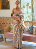 Off White Weaved Printed Handloom Silk Saree