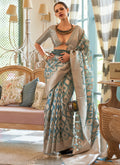 Teal Blue Weaved Printed Handloom Silk Saree