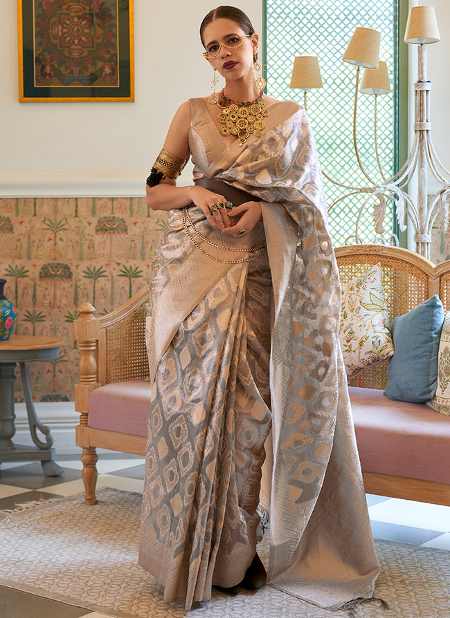 Grey Golden Weaved Printed Handloom Silk Saree