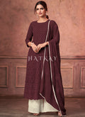 Brown And Off White Designer Embroidery Palazzo Suit