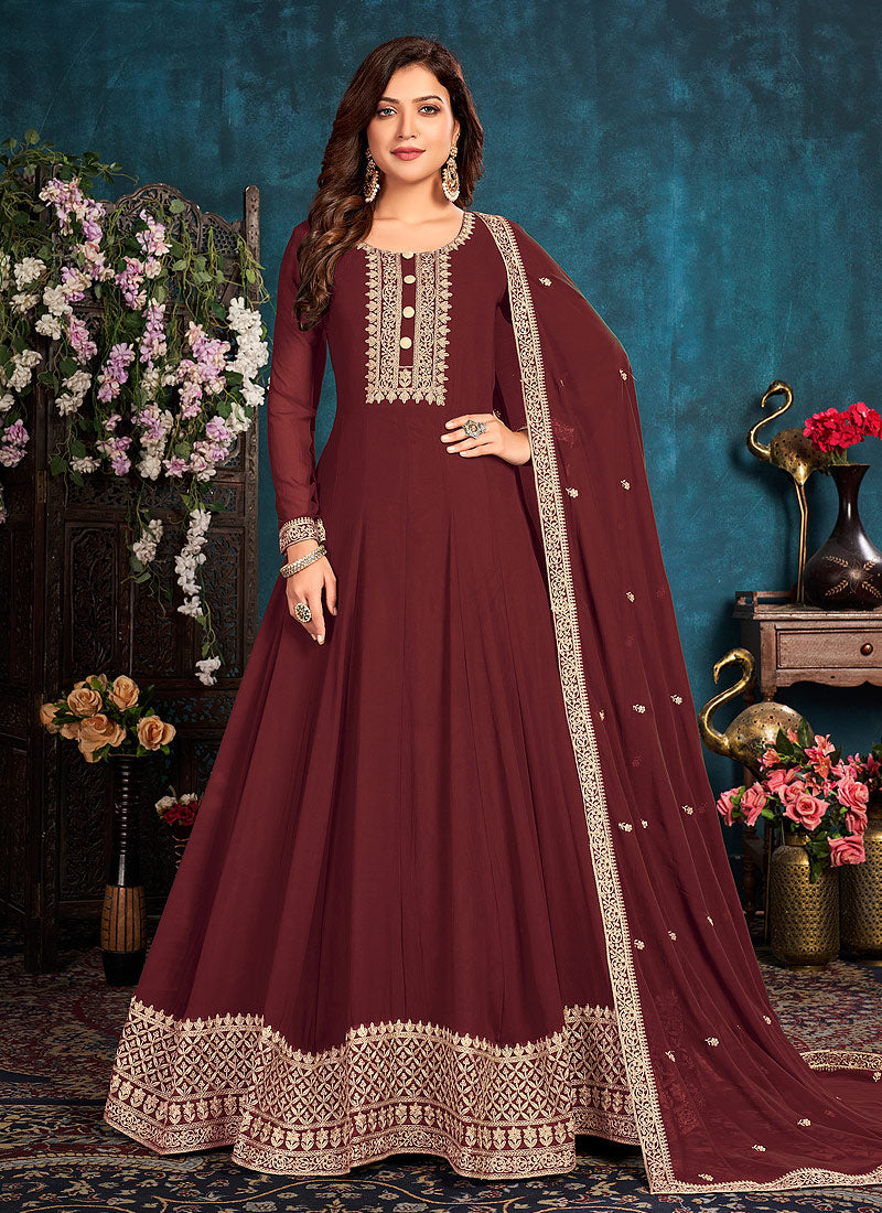 Chikankari Rayon Anarkali Suit in Maroon : KER115