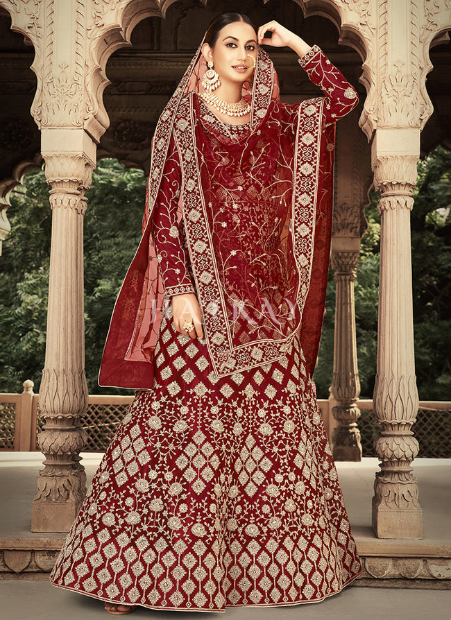 Maroon Net Anarkali Suit Wedding Wear