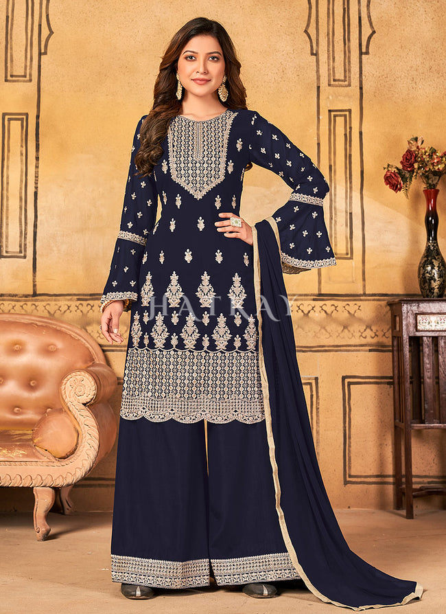 Buy Palazzo Suit - Royal Blue Georgette Embroidery Traditional Palazzo Suit