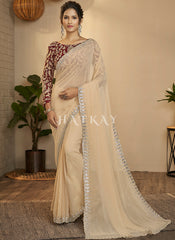 Beige And Maroon Embroidery Silk Saree