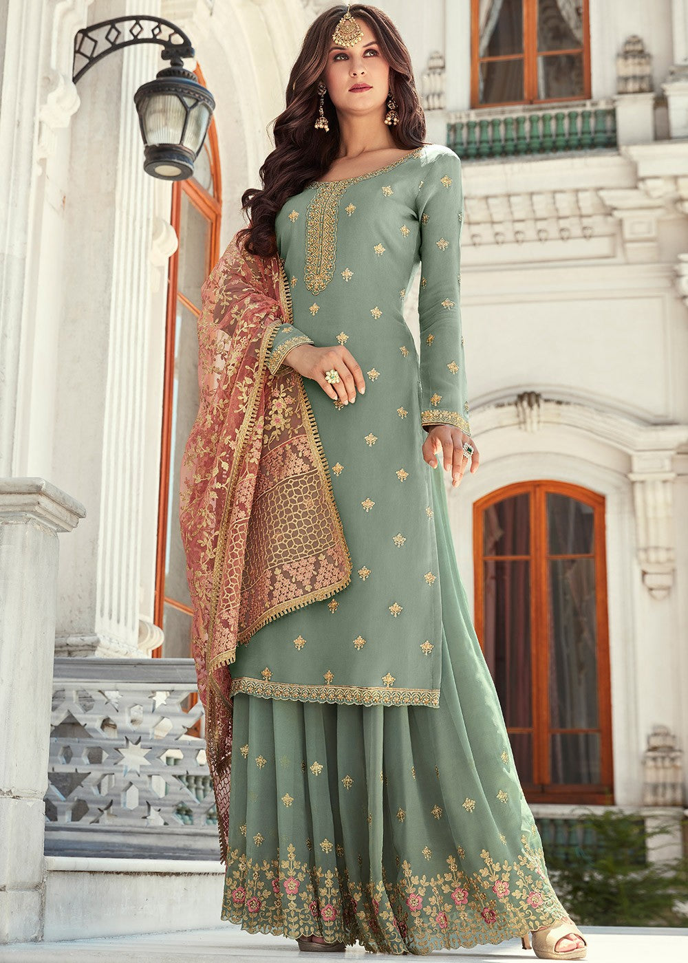 Buy Teal Embroidered Gharara Suit In USA, UK, Canada, Australia ...