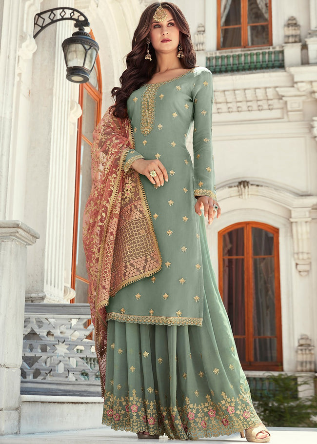Teal Embroidered Gharara Suit
