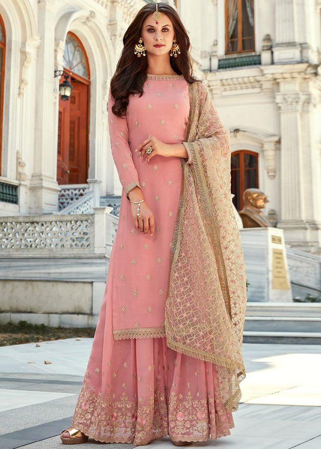 Pink Embroidered Gharara Suit