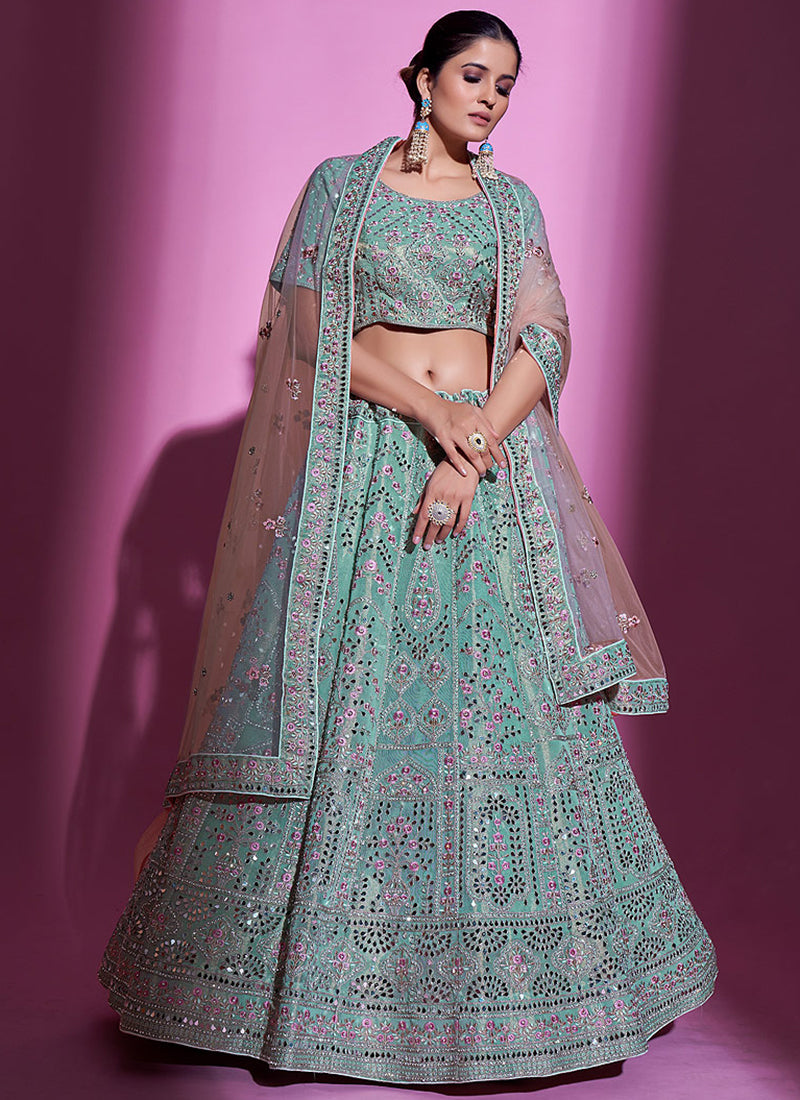 Teal Blue Mirror Work Embroidery Wedding Lehenga Choli