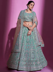 Teal Blue Mirror Work Embroidery Wedding Lehenga Choli