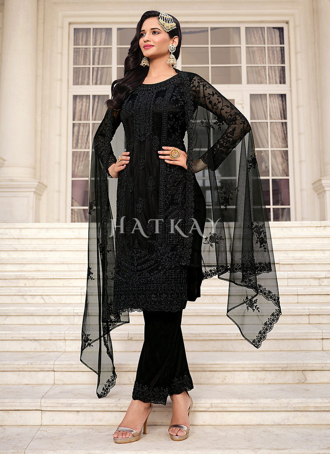 Pakistani Suit - Buy Black Embroidered Pakistani Pant Style Salwar Suit