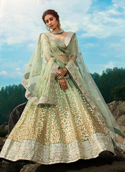 Olive Green Sequence Designer Embroidery Wedding Lehenga Choli