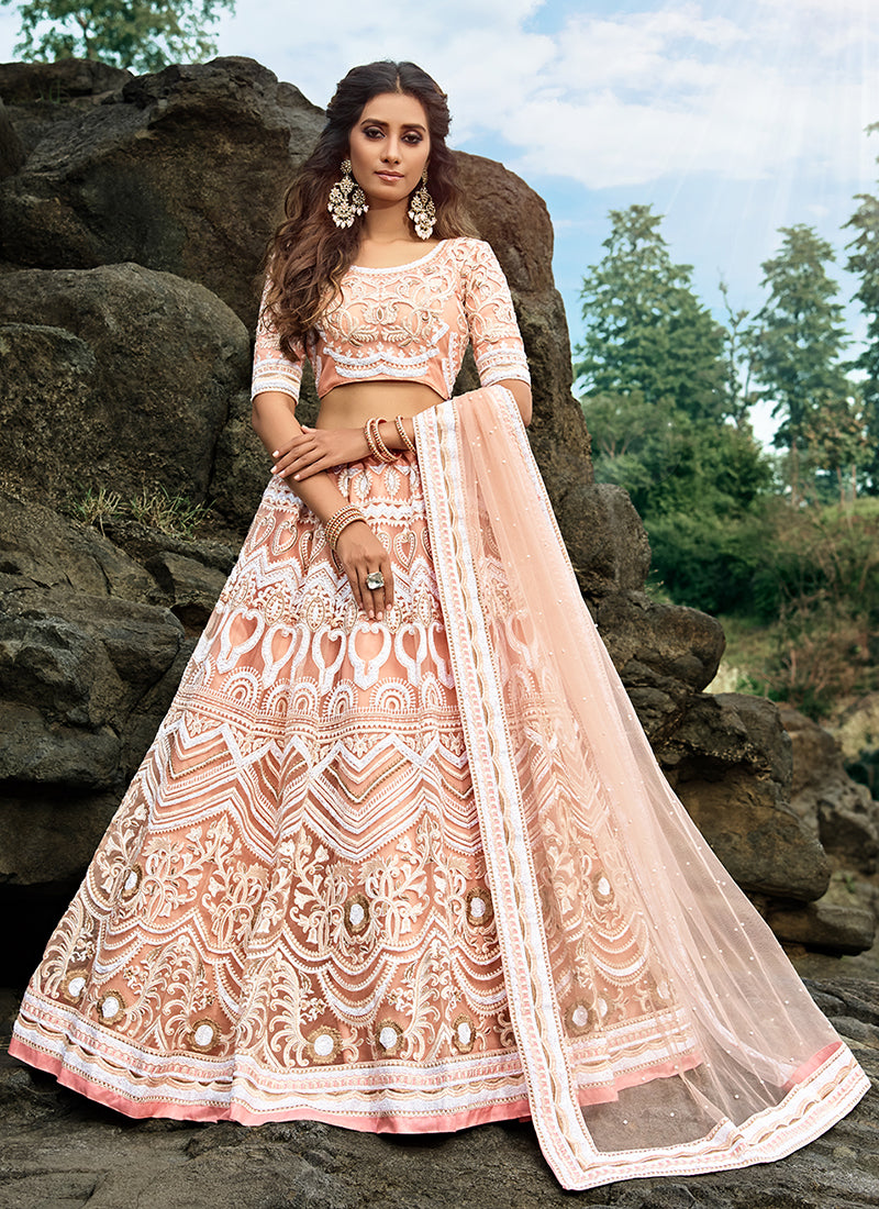 Designer Peach & Pink Lucknowi Chikankari Lehenga with Badhini Dupatta –  Simaaya