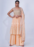 Buy Palazzo Suit - Peach Mirror Work Multi Embroidery Chiffon Palazzo Suit