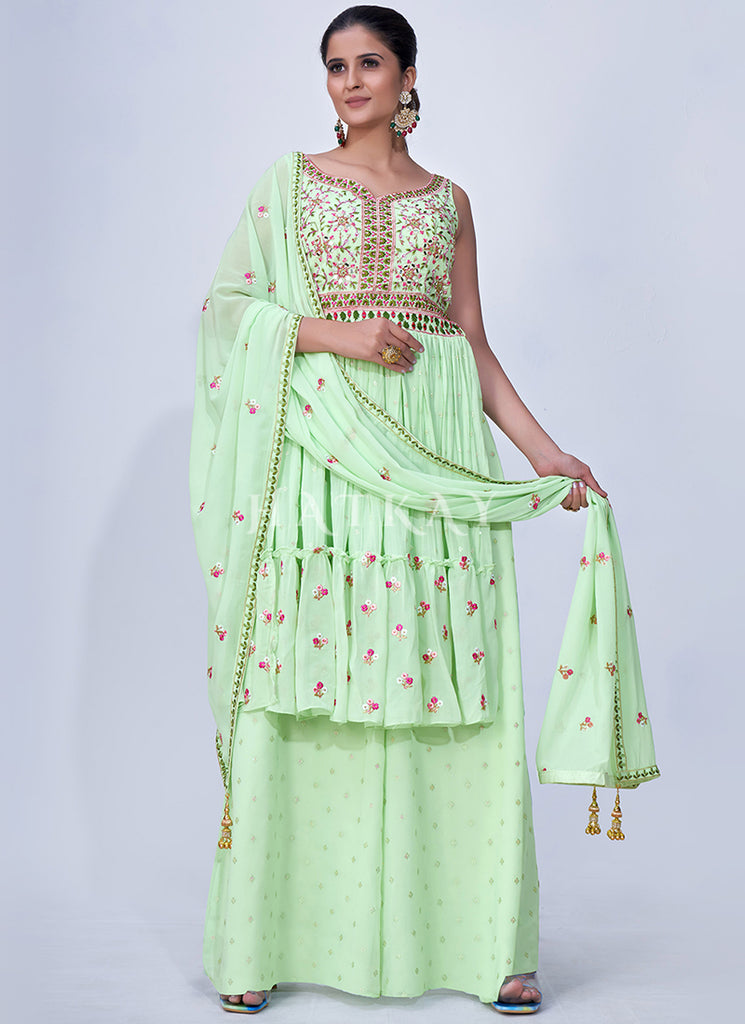 Latest Indian Outfit - Shop Green Mirror Work Multi Embroidery Chiffon Palazzo Suit At Hatkay Latest Indian Outfit - Shop Green Mirror Work Multi Embroidery Chiffon Palazzo Suit At Hatkay