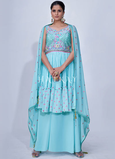 Buy Palazzo Suit - Light Blue Mirror Work Multi Embroidery Chiffon Palazzo Suit