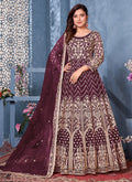 Deep Wine Zari Embroidered Party Wear Anarkali Suit