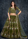 Olive Green Multi Embroidery Silk Wedding Lehenga Choli