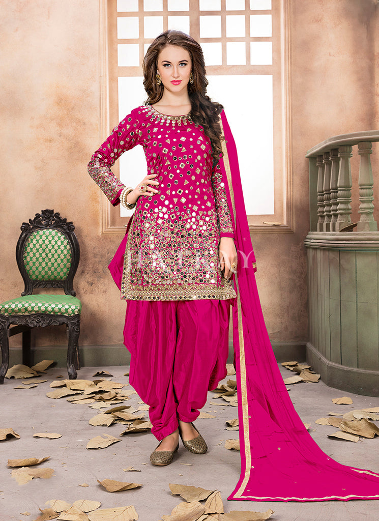 pink punjabi dress Women's Pink Embroidered Readymade Punjabi Suit With Dupatta
