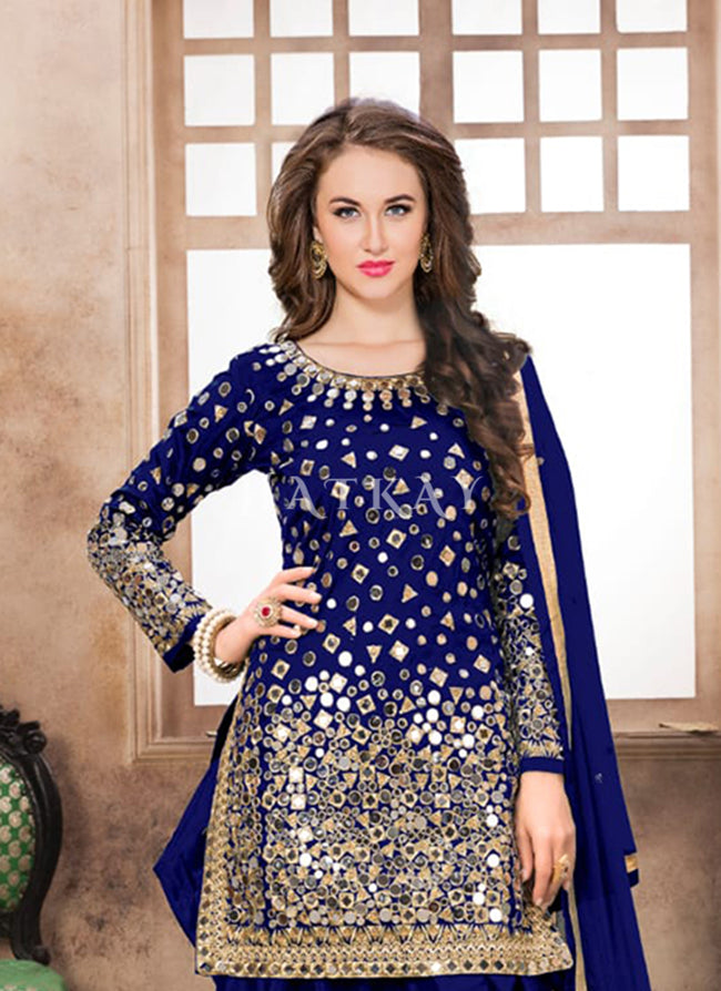 Punjabi Suit - Blue Silk Mirror Work Punjabi Suit USA