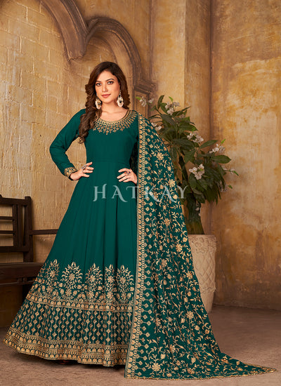 Green Embroidered Georgette Anarkali Suit