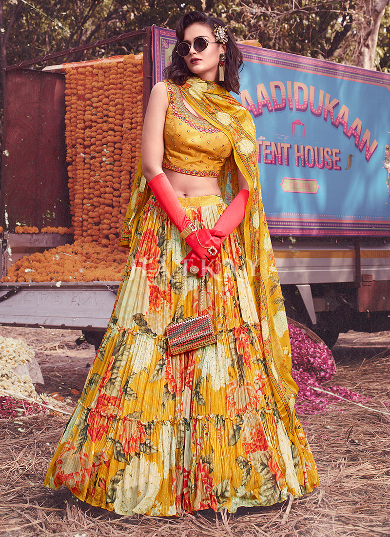 Yellow Digital Printed Designer Chinon Lehenga Choli