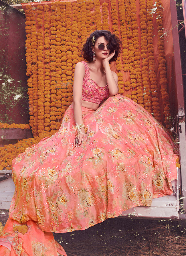 Georgette Fabric Peach Color Ruffle Style Lehenga & Choli in Resham,  Embroidered, Mirror Work with Dupatta