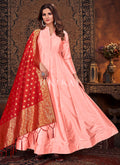 Peach And Red Silk Embroidered Anarkali Suit