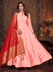 Peach And Red Silk Embroidered Anarkali Suit