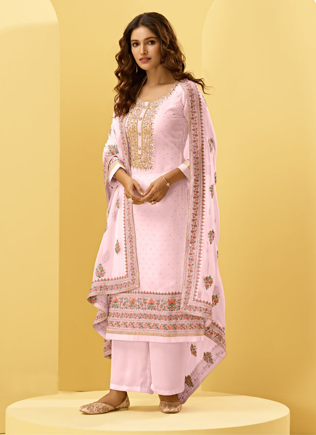 Pale Pink Embroidered Designer Palazzo Suit