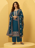 Turquoise Embroidered Designer Pant Style Suit