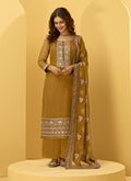 Ochre Yellow Embroidered Designer Pant Style Suit