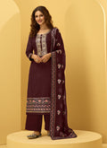 Wine Embroidered Designer Pant Style Suit