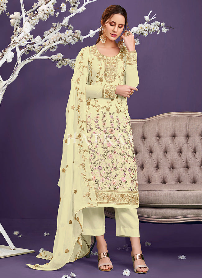 Yellow Sequence Embroidered Pant Suit