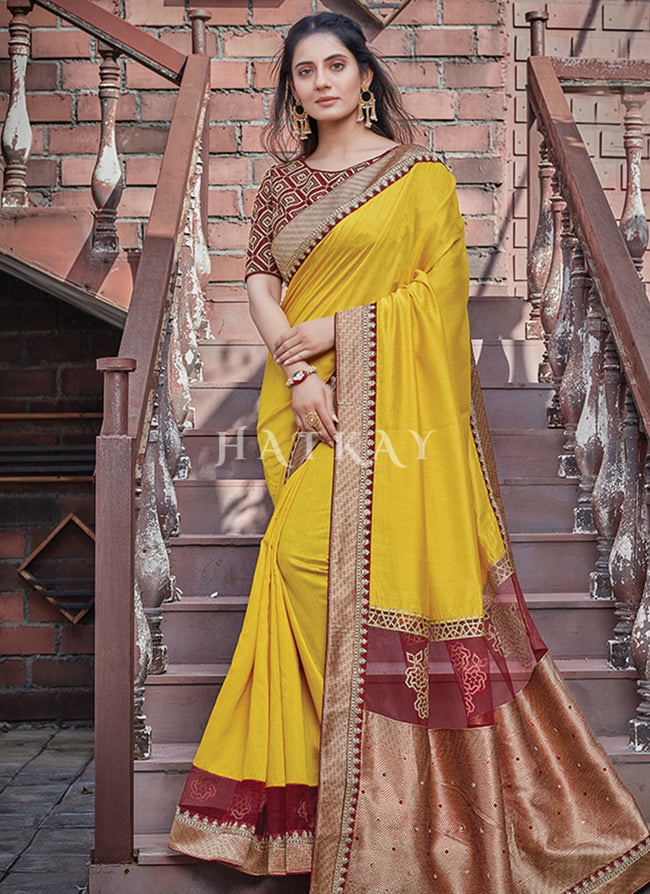 Yellow And Red Traditional Silk Saree