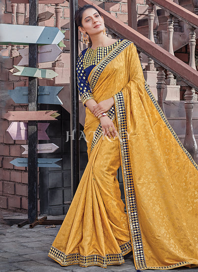 Yellow And Blue Traditional Silk Saree