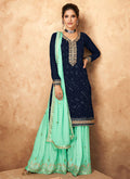Blue And Sea Green Badla Embroidered Sharara Style Suit