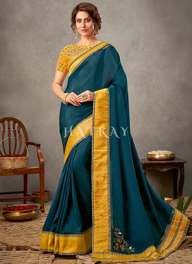 Turquoise And Yellow Zari Embroidery Silk Saree