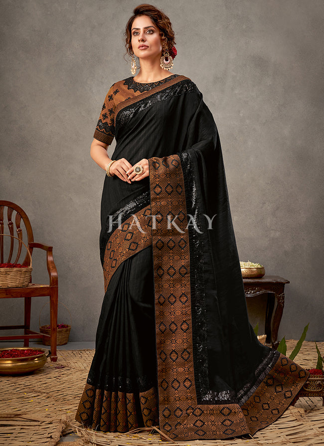 Black And Brown Sequence Embroidery Silk Saree