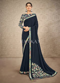 Dark Blue Patched Digital Printed Satin Silk Saree