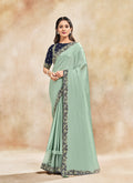 Teal Blue Floral Embroidered Party Wear Saree