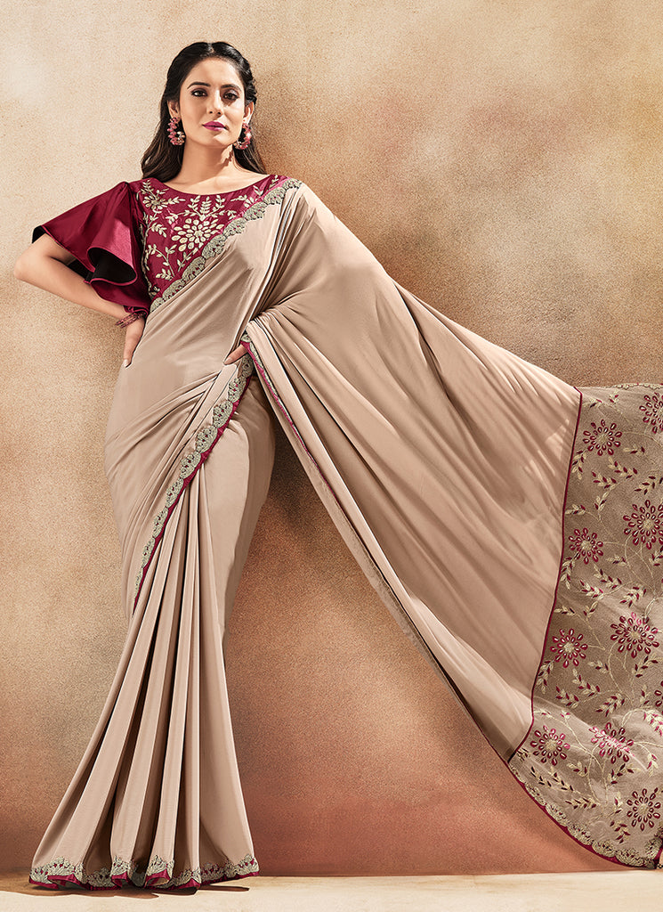 Beige Maroon Floral Embroidered Wedding Style Saree