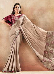 Beige Maroon Floral Embroidered Wedding Style Saree