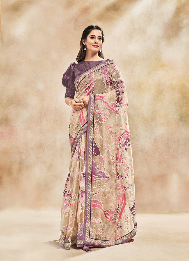 Mauve And Beige Mirror Embroidered Party Wear Saree