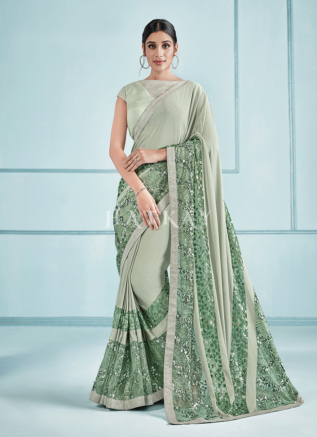 Pale Green Sequence Embroidered Festive Saree