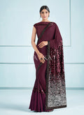 Wine Silver Sequence Embroidered Festive Saree