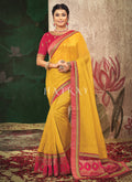 Yellow And Pink Embroidery Traditional Organza Saree