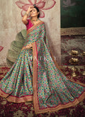 Teal And Pink Embroidery Traditional Satin Silk Saree