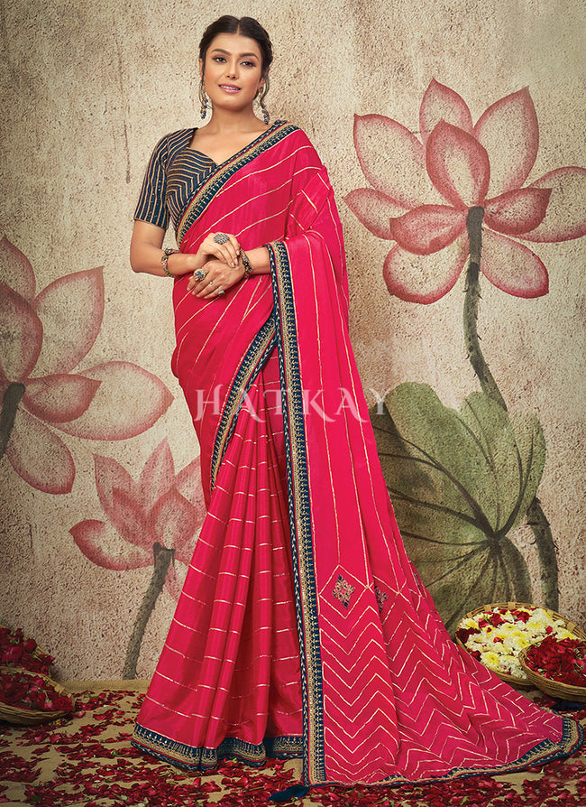 Hot Pink And Blue Embroidery Traditional Chiffon Saree